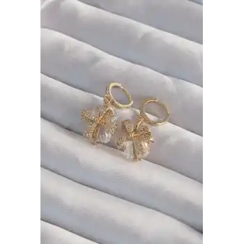 Pirinç Gold Renk İri Zirkon Taşlı Fiyonk Model Halka Küpe