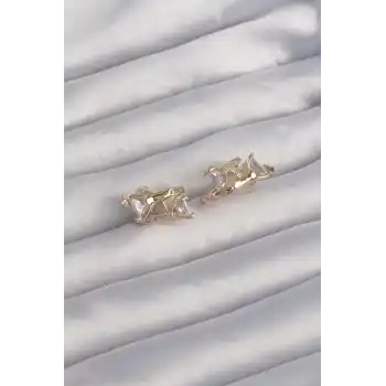 Pirinç Gold Renk İri Zirkon Taşlı Kıvrımlı Minimal Kelebekli Halka Küpe