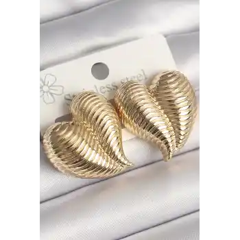 Pirinç Gold Renk İşlemeli Bomba Kalp Model Kadın Küpe