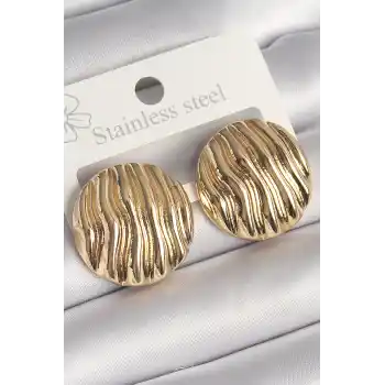 Pirinç Gold Renk İşlemeli Daire Plaka Model Kadın Küpe
