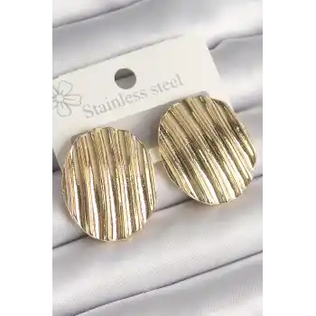 Pirinç Gold Renk İşlemeli Daire Plaka Model Kadın Küpe