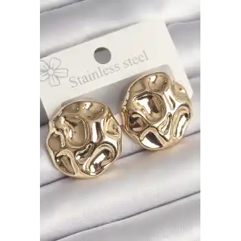 Pirinç Gold Renk İşlemeli Daire Plaka Model Kadın Küpe