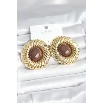 Pirinç Gold Renk Kahverengi Boncuklu Vintage Kadın Küpe