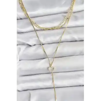Pirinç Gold Renk Kalp Detaylı 3lü Kombin Y Kadın Kolye