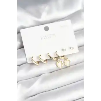 Pirinç Gold Renk Kalp Detaylı 925 Ayar Gümüş Çivili Kadın Küpe Seti