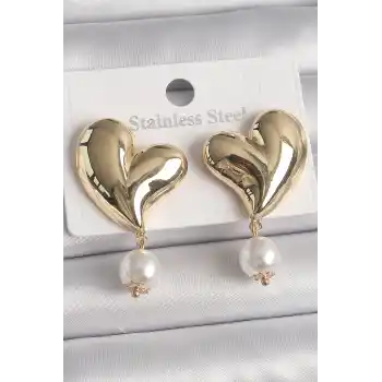 Pirinç Gold Renk Kalp Model Sallantı İnci Detay Kadın Küpe