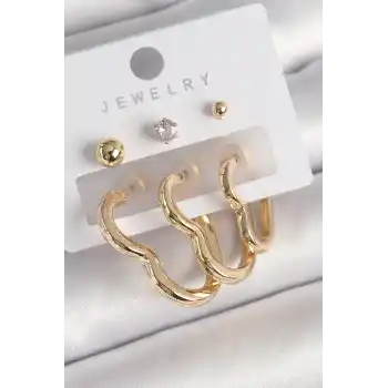 Pirinç Gold Renk Kalp Model Zirkon Taşlı Topçuk Detay Kadın Küpe Seti