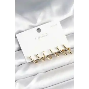 Pirinç Gold Renk Kalp Yıldız ve Halka Model 925 Ayar Gümüş Çivili Kadın Küpe Seti