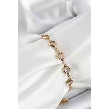 Pirinç Gold Renk Kalp Zirkon Taşlı Kadın Bileklik