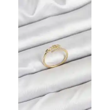 Pirinç Gold Renk Kalpli Detaylı Zirkon Taşlı Kadın Yüzük