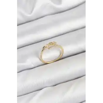 Pirinç Gold Renk Kalpli Detaylı Zirkon Taşlı Kadın Yüzük