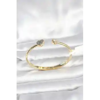 Pirinç Gold Renk Kalpli Model Kadın Kelepçe Bileklik