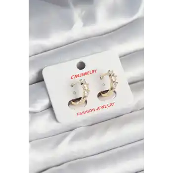 Pirinç Gold Renk Kalpli Zirkon Taşlı Kadın Küpe