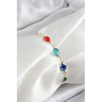Pirinç Gold Renk Karışık Renk Damla Zirkon Taşlı Kadın Bileklik