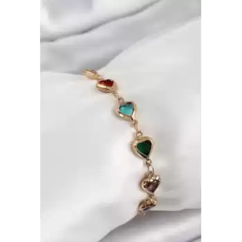 Pirinç Gold Renk Karışık Renk Kalp Zirkon Taşlı Kadın Bileklik