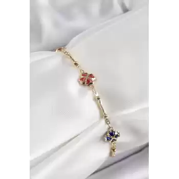Pirinç Gold Renk Karışık Renk Yonca Zirkon Taşlı Kadın Bileklik