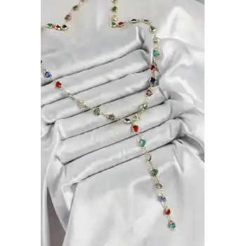 Pirinç Gold Renk Karışık Renk Zirkon Taşlı Kalpli Y Kadın Kolye