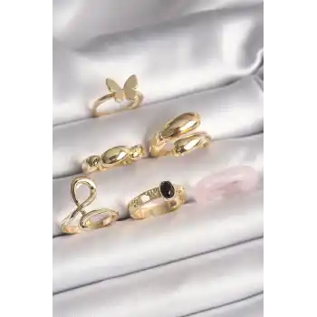 Pirinç Gold Renk Kelebek Figür Sarmal Model 6Lı Kadın Yüzük Seti