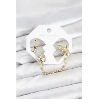 Pirinç Gold Renk Kelebekli Model Zincir Bağlantılı Ear Cuff Küpe Seti