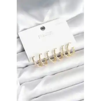 Pirinç Gold Renk Kemik Halka Model 925 Ayar Gümüş Çivili Kadın Küpe Seti