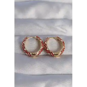 Pirinç Gold Renk Kırmızı Etnik Desenli Halka Küpe