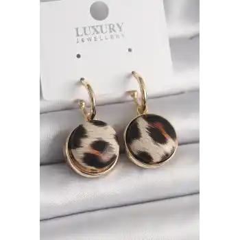 Pirinç Gold Renk Leopar Desenli Daire Model Kadın Küpe