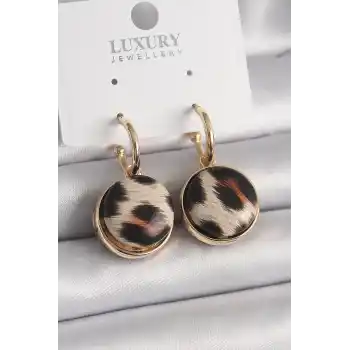 Pirinç Gold Renk Leopar Desenli Daire Model Kadın Küpe