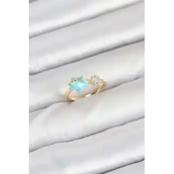 Pirinç Gold Renk Mavi Yıldızlı Model Kadın Yüzük