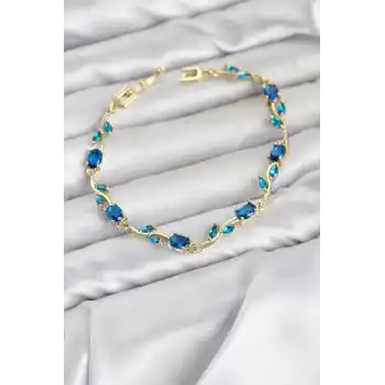 Pirinç Gold Renk Mavi Zirkon Taşlı Çiçek Model Kadın Bileklik