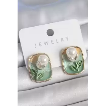 Pirinç Gold Renk Mix Renk Mineli İncili Çiçek Mineli Portre Model Kadın Küpe