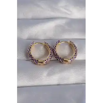 Pirinç Gold Renk Mor Etnik Desenli Halka Küpe