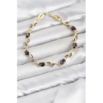 Pirinç Gold Renk Mor Zirkon Taşlı Çiçek Model Kadın Bileklik