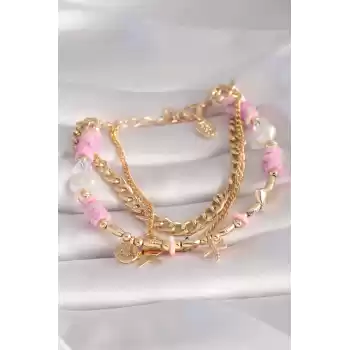 Pirinç Gold Renk Pembe Boncuklu Yıldız Figür Çoklu Kadın Bileklik