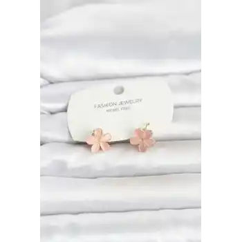 Pirinç Gold Renk Pembe Çiçek Model Çocuk Küpe