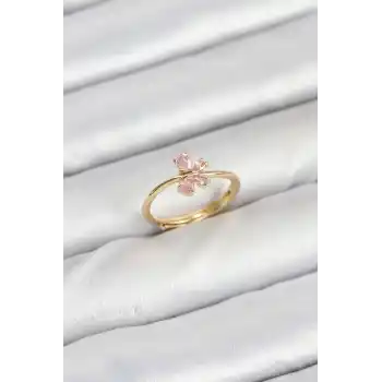 Pirinç Gold Renk Pembe Kelebek Kadın Yüzük