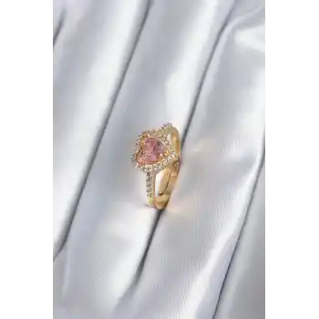 Pirinç Gold Renk Pembe Zirkon Taş Kalp Charm Model Kadın Yüzük
