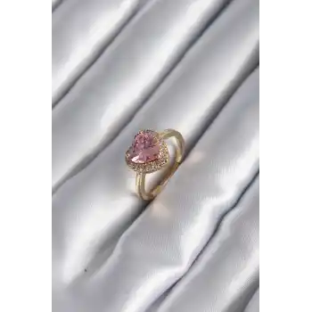 Pirinç Gold Renk Pembe Zirkon Taş Kalp Charm Model Kadın Yüzük