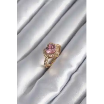 Pirinç Gold Renk Pembe Zirkon Taşlı Charm Kalp Model Kadın Yüzük