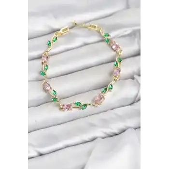 Pirinç Gold Renk Pembe Zirkon Taşlı Çiçek Model Kadın Bileklik