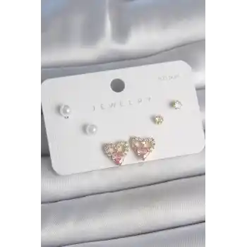 Pirinç Gold Renk Pembe Zirkon Taşlı Kalp Model İnci Detay 925 Ayar Kadın Küpe Seti