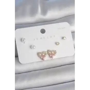 Pirinç Gold Renk Pembe Zirkon Taşlı Kalp Model İnci Detay 925 Ayar Kadın Küpe Seti