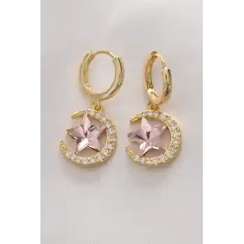 Pirinç Gold Renk Pembe Zirkon Taşlı Yıldız Detay Ay Küpe