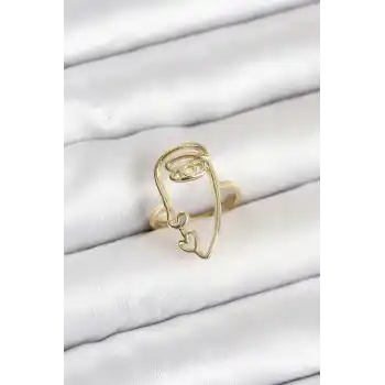 Pirinç Gold Renk Picasso Tarzı Tek Çizgi Yüz Model Kadın Yüzük