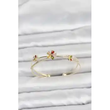 Pirinç Gold Renk Renkli Çiçek Model Kadın Bileklik
