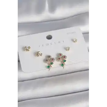 Pirinç Gold Renk Renkli Zirkon Taşlı Çiçek Model Yaprak Detay 925 Ayar Gümüş Çivi Kadın Küpe Seti
