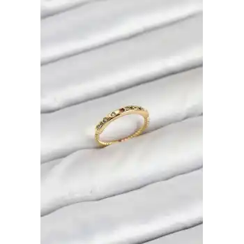 Pirinç Gold Renk Renkli Zirkon Taşlı Kadın Yüzük