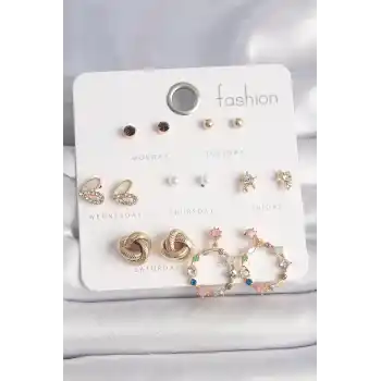 Pirinç Gold Renk Renkli Zirkon Taşlı Kalp Detay 7 Çift Kadın Küpe Seti