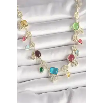 Pirinç Gold Renk Renli Zirkon Taşlı VIP Seri Kadın Kolye