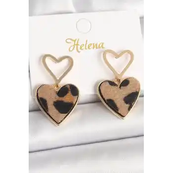 Pirinç Gold Renk Sallantı Leopar Kalp Model Kadın Küpe