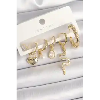 Pirinç Gold Renk Sallantı Yılan Model Zirkon Taşlı Halka Kilit Kalp Detay Kadın Küpe Seti